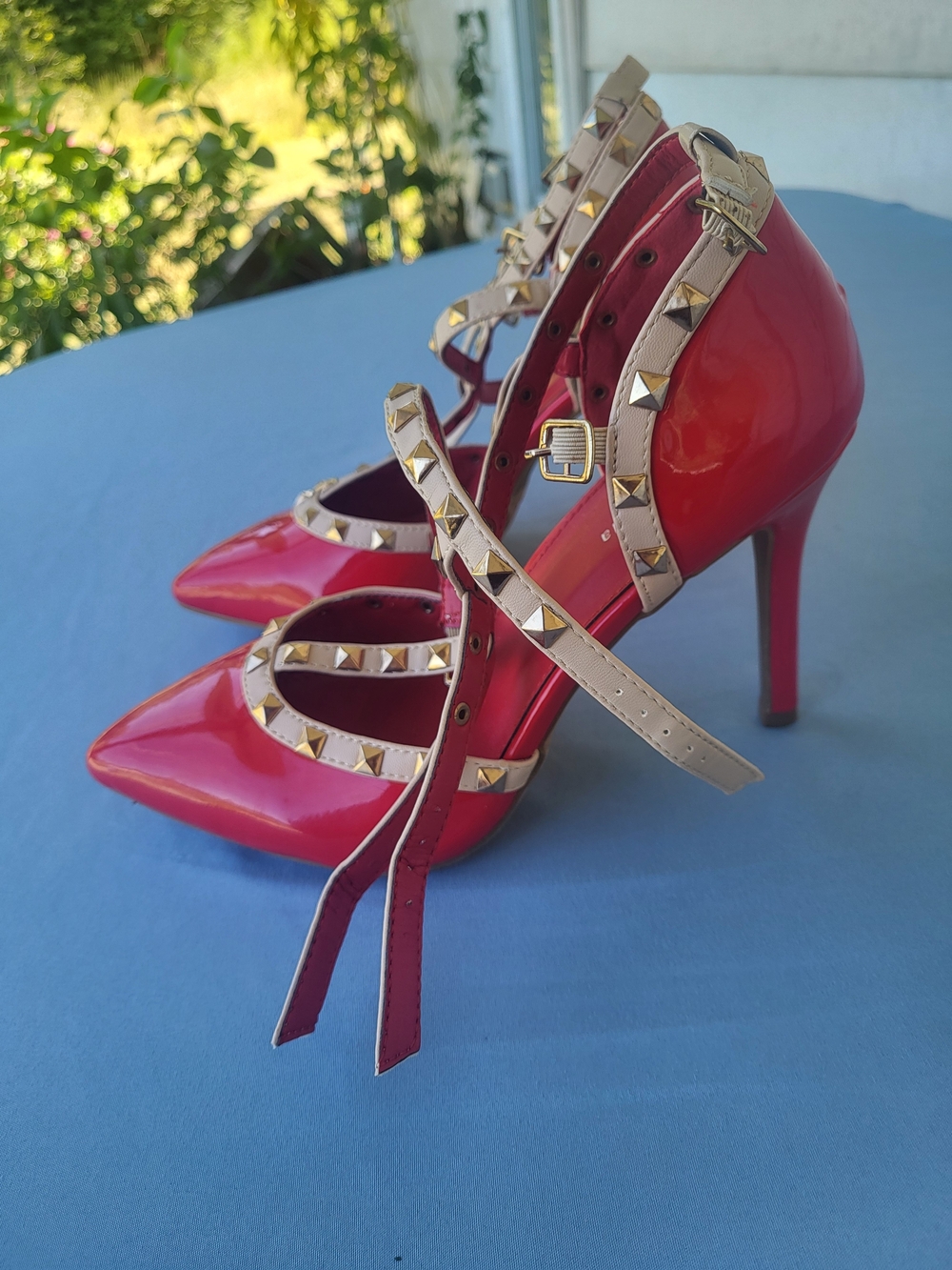 TOP Moda Red Patent Studded Strappy High Heels with Beige Accents